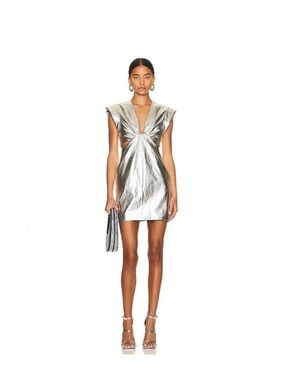 A.L.C. Metallic Silver V-Neck Twist Mini Dress